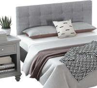 Linen upholstered headboard in gray with button tufting, adjustable for full/queen beds, featuring solid rubber wood.