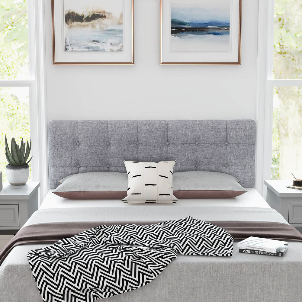 Gray linen upholstered headboard with button tufting for full/queen beds, featuring solid rubber wood legs for support.