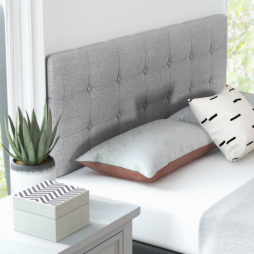 Gray linen upholstered headboard with button tufting and rubber wood legs, perfect for full/queen size beds.