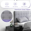 Gray linen upholstered headboard with exquisite button tufting and solid rubber wood legs, ideal for full/queen beds.