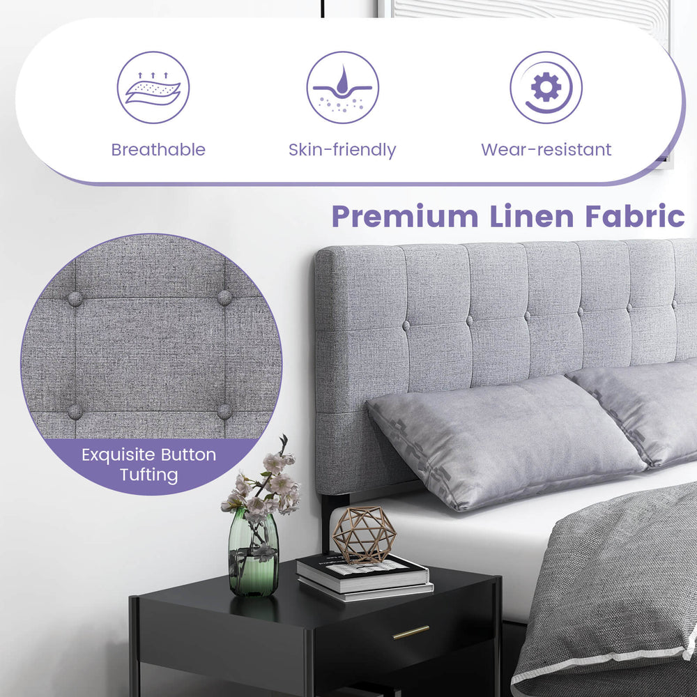 Gray linen upholstered headboard with exquisite button tufting and solid rubber wood legs, ideal for full/queen beds.