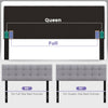 Adjustable gray linen upholstered headboard for full/queen beds with solid rubber wood legs and button tufting.