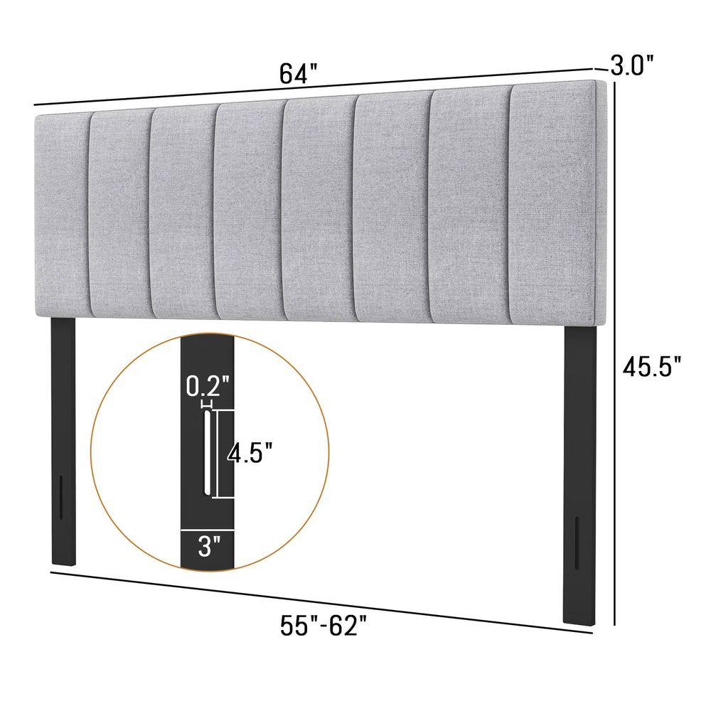 Gray linen upholstered headboard with adjustable width, vertical channel tufting, and solid wood legs for full and.