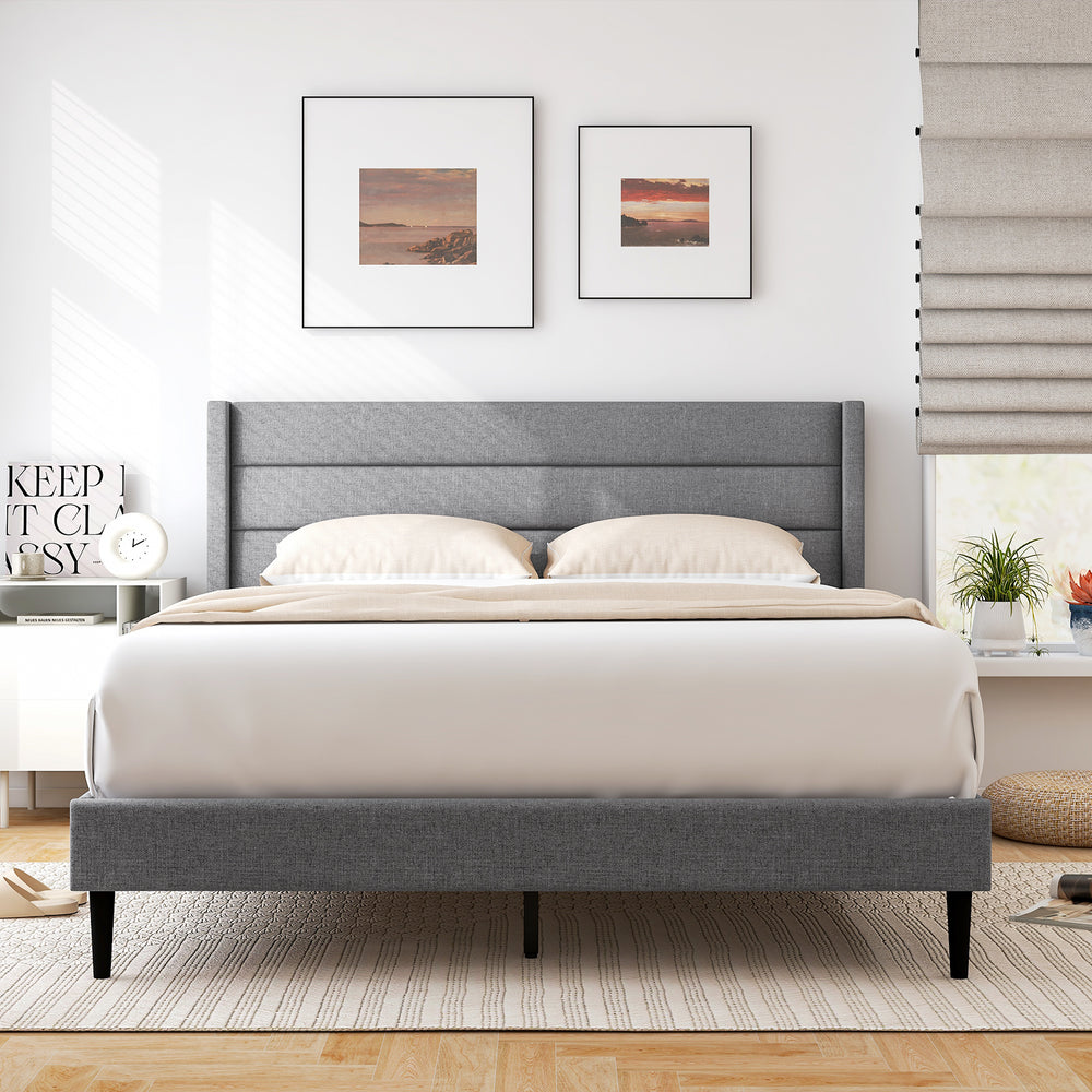 Linen Upholstered Platform Twin/Queen Bed Frame with Wingback Headboard-Queen Size - Gallery View 1 of 10