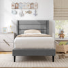 Twin size bed frame with a wingback headboard in soft linen, showcasing elegant quilting and solid wood legs for.