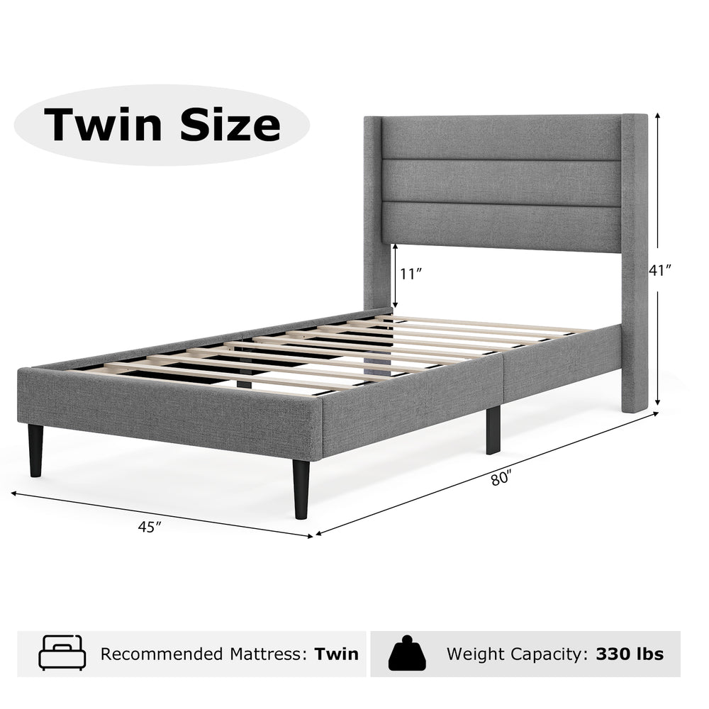Twin size bed frame with a wingback headboard, featuring a breathable linen surface and a sturdy base for mattress.