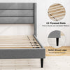 Twin size linen upholstered platform bed frame with wingback headboard and 10 sturdy plywood slats for mattress support.