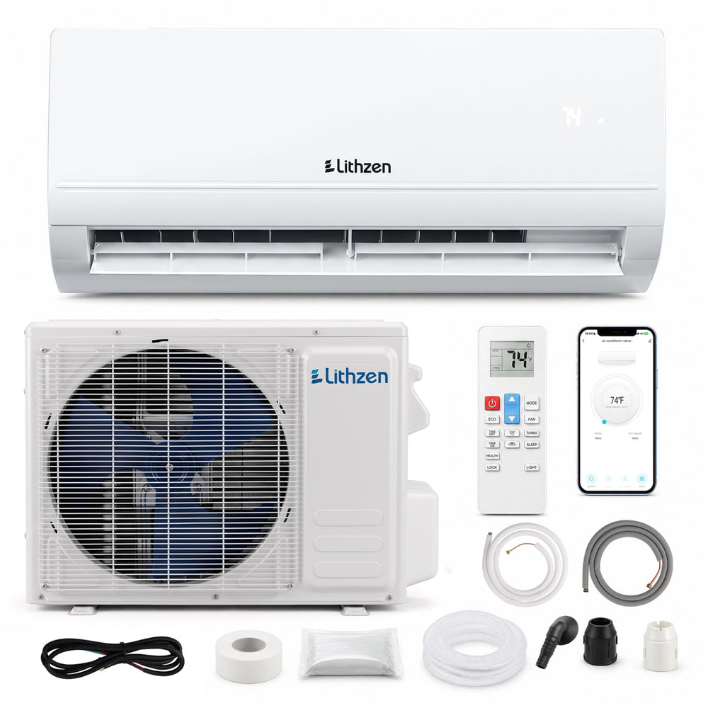 Lithzen 12000 BTU mini split air conditioner and heater with WiFi, featuring 7 modes, inverter compressor, and quiet operation.