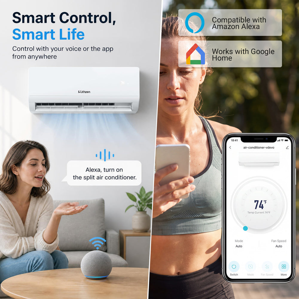 Lithzen 12000 BTU mini split air conditioner with WiFi control, featuring 7 modes, quiet operation, and energy-efficient design.