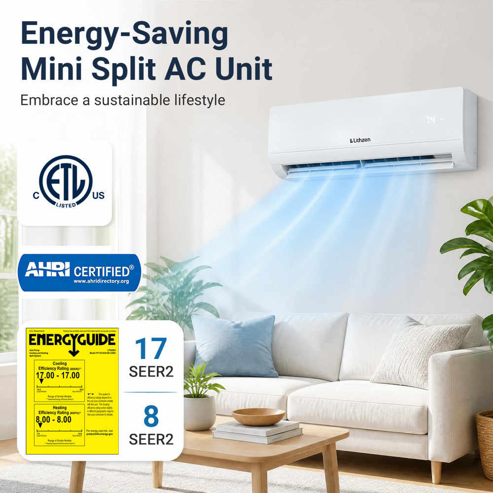 Lithzen 18000 BTU mini split AC unit with WiFi, featuring 17 SEER2 efficiency and customizable airflow for year-round comfort.