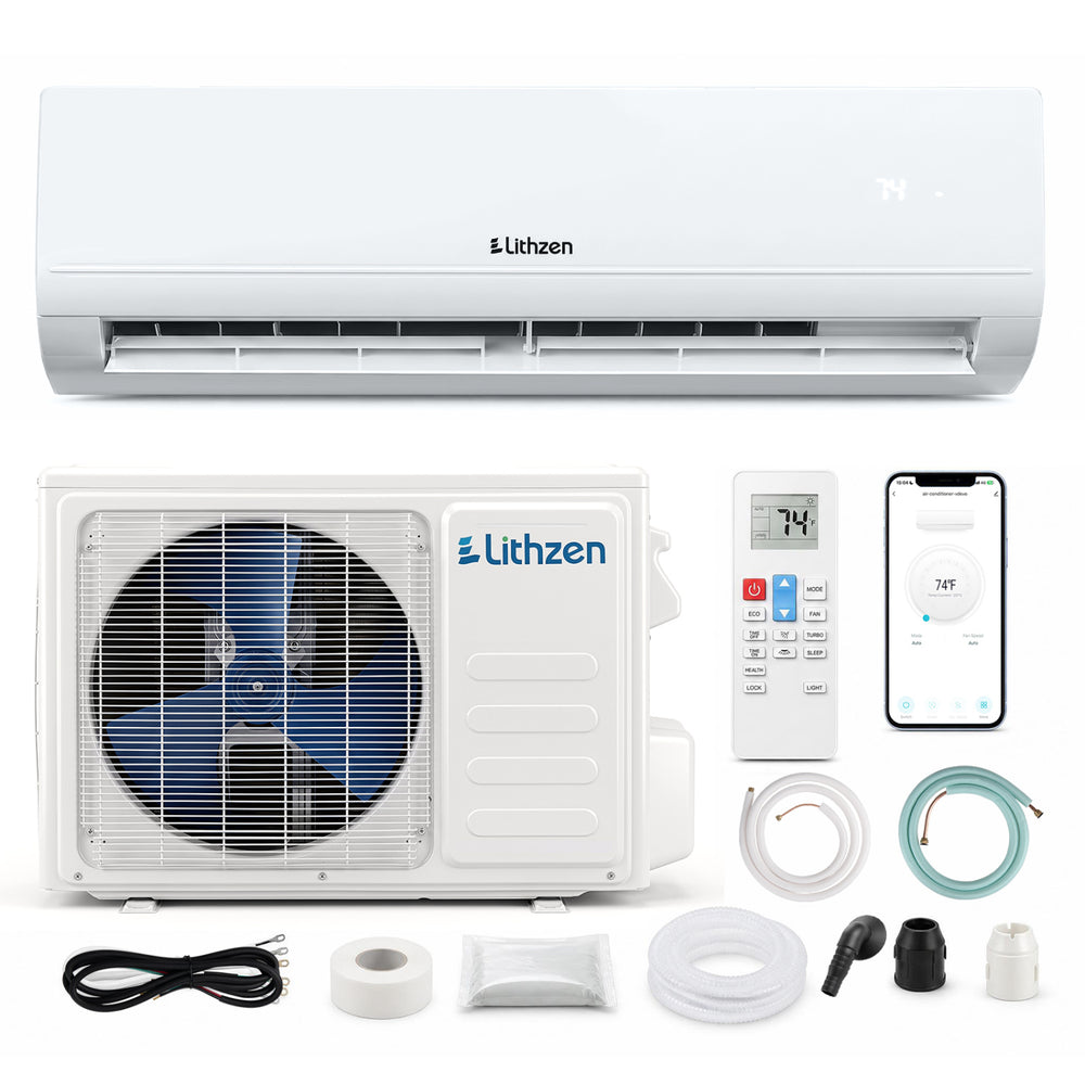 Lithzen 24000 BTU mini split air conditioner and heater with WiFi, remote, and 7 operating modes for year-round comfort.