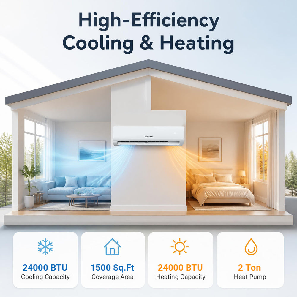 Lithzen 24000 BTU mini split air conditioner and heater with WiFi, featuring inverter technology for energy efficiency.