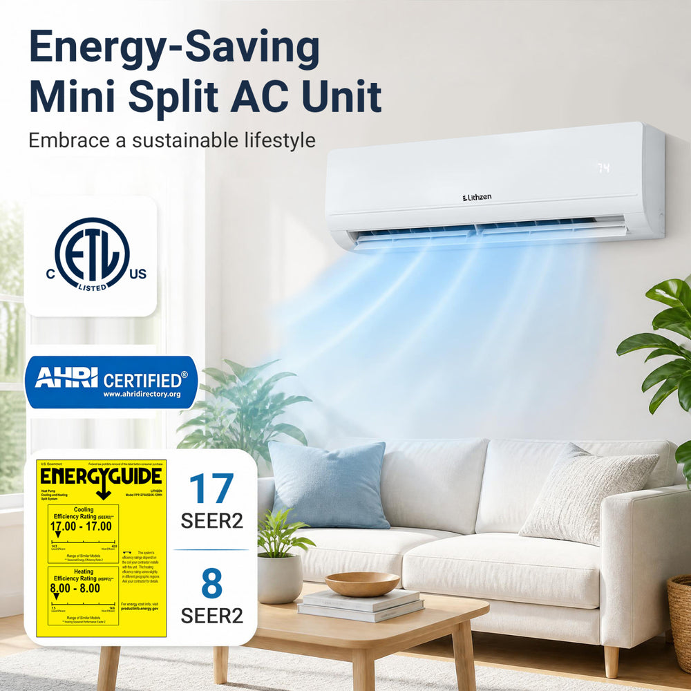 Lithzen 24000 BTU mini split AC unit with WiFi, 17 SEER2, offers powerful cooling and heating for year-round comfort.