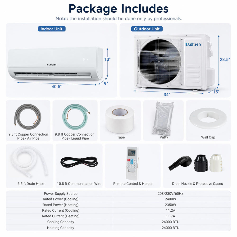 Lithzen 24000 BTU mini split air conditioner package includes indoor and outdoor units, installation accessories, and remote control.