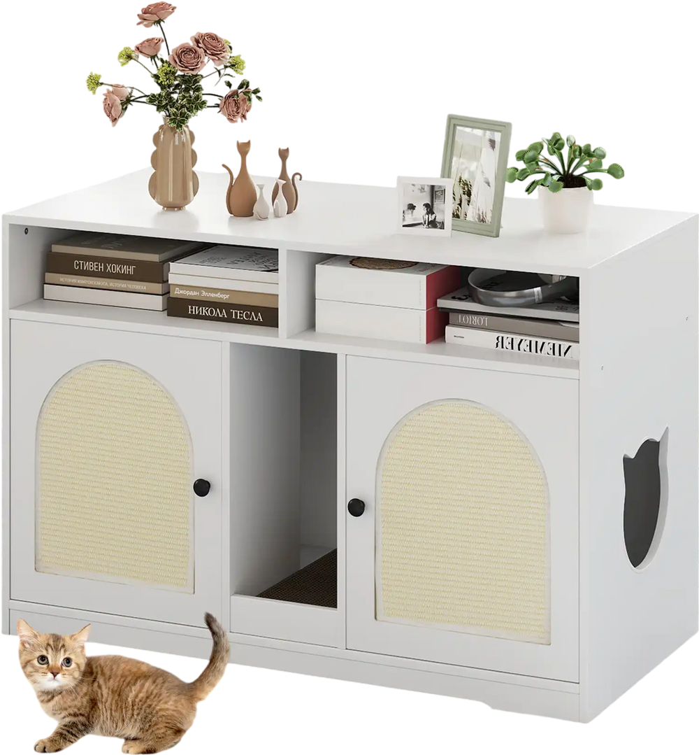 43-inch white cat litter box enclosure with double rooms, storage compartments, and a stylish design for pet comfort.