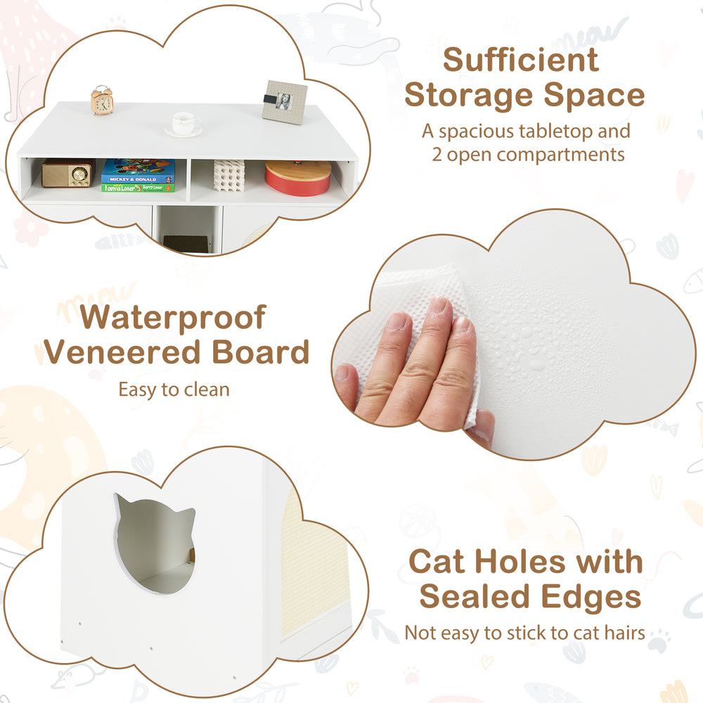 Cat litter box enclosure with storage, waterproof veneered board, and double rooms for two pets, ideal for discreet use.