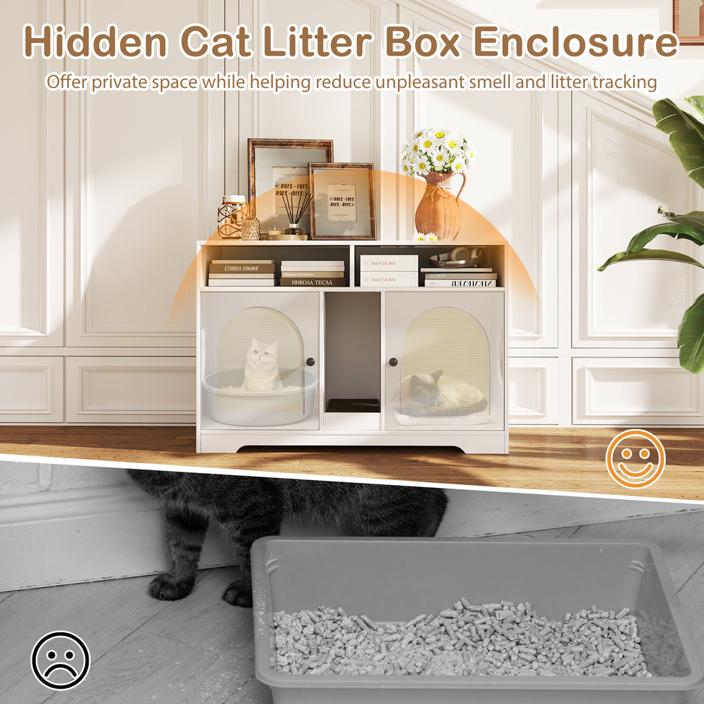 43-inch white cat litter box enclosure with double rooms, storage, and scratching board for discreet pet care.
