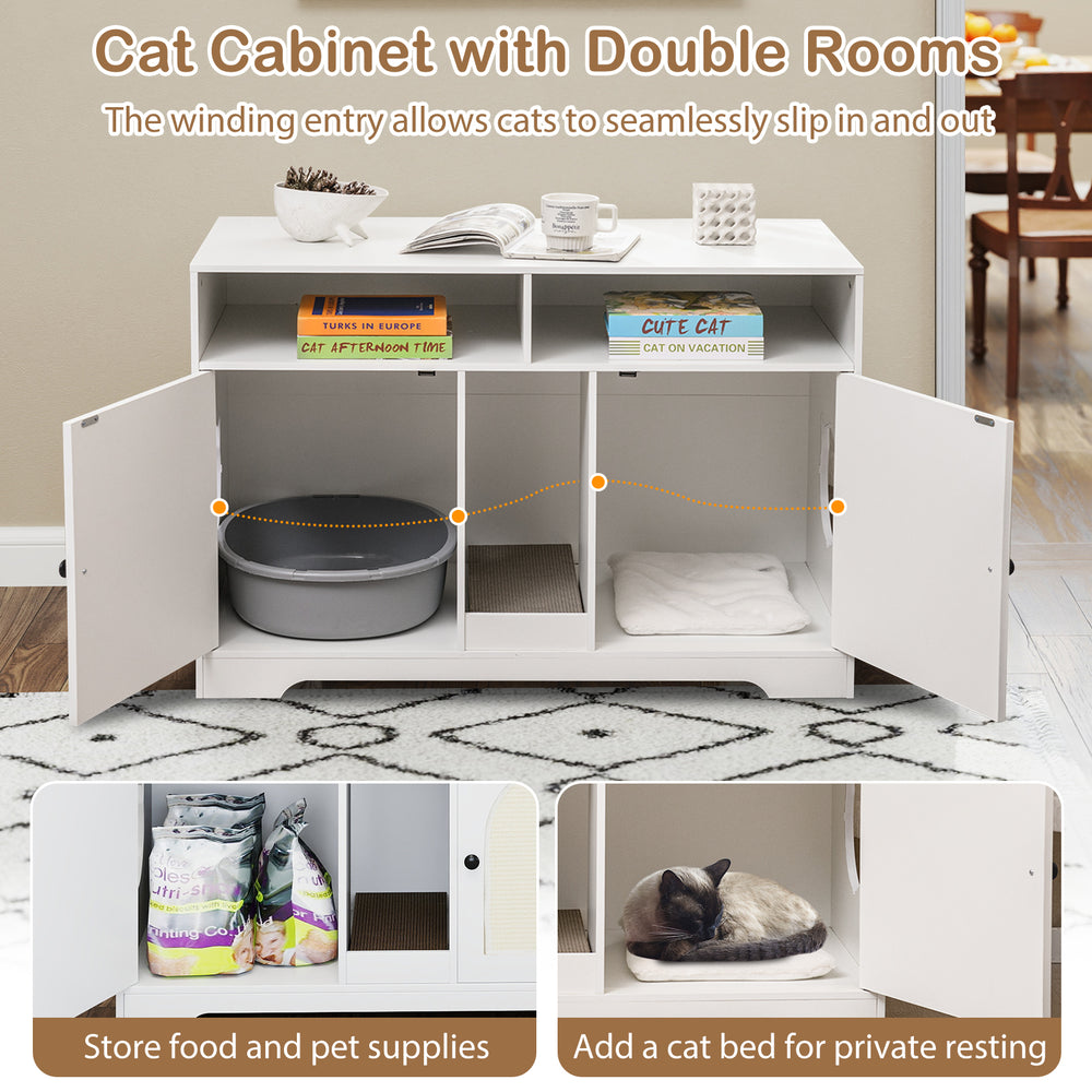 Cat litter box enclosure with storage, double rooms, and a stylish design for discreet pet care and organization.