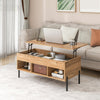 Living room central table with lifting tabletop, natural wood finish, metal legs, and open cubbies for storage.