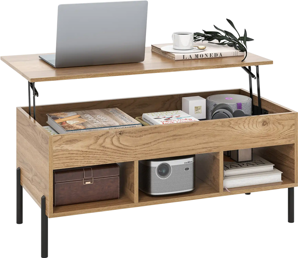 Lifting tabletop central table in natural wood finish with metal legs, featuring storage space and open cubbies for.