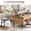 Lifting tabletop central table in natural wood with metal legs, ideal for work or tea, featuring storage cubbies.