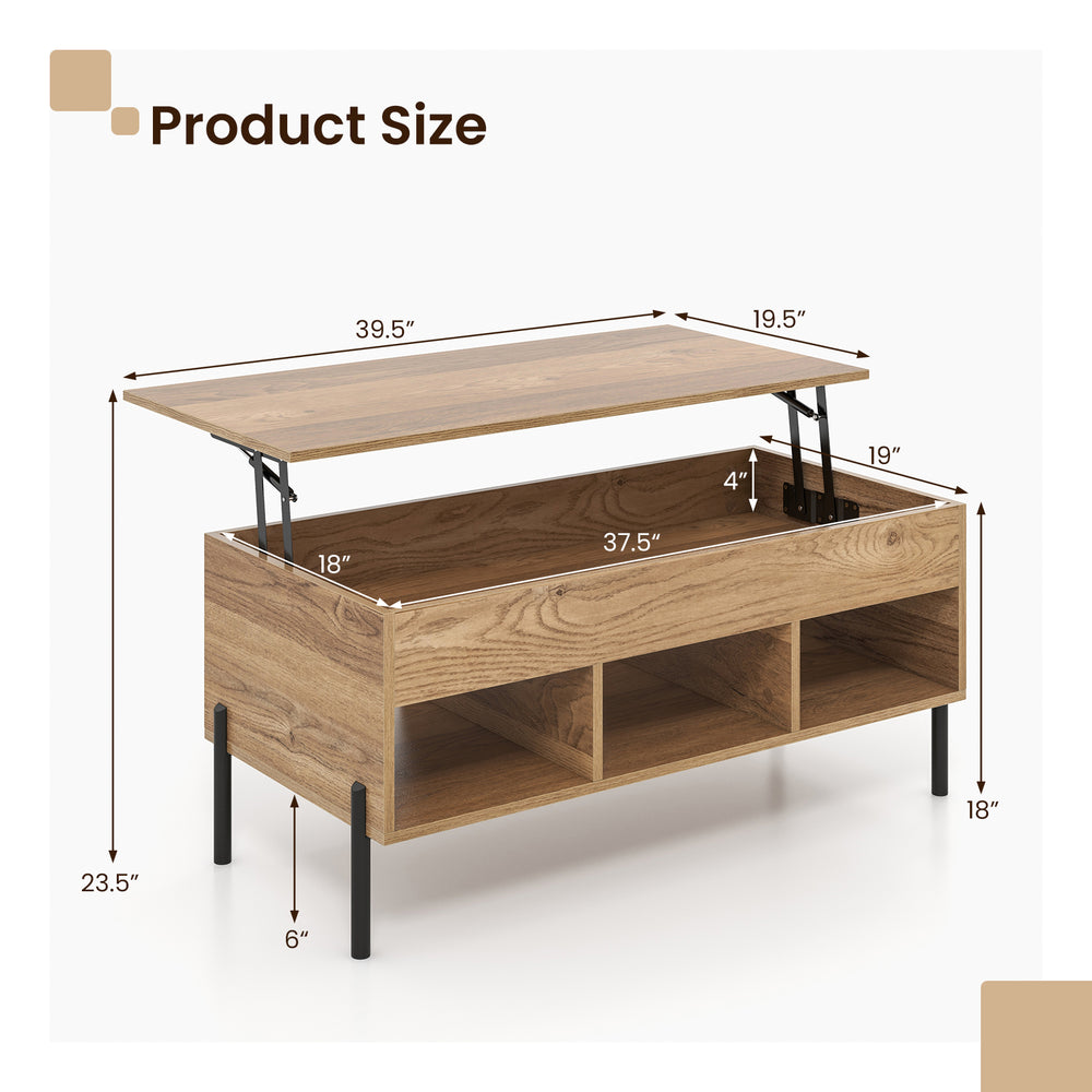 Lifting tabletop central table in natural wood with metal legs, featuring storage cubbies and dimensions for living.