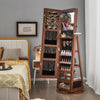 Lockable 360° swivel jewelry cabinet in walnut with full-length mirror and LED lights, perfect for organized storage.