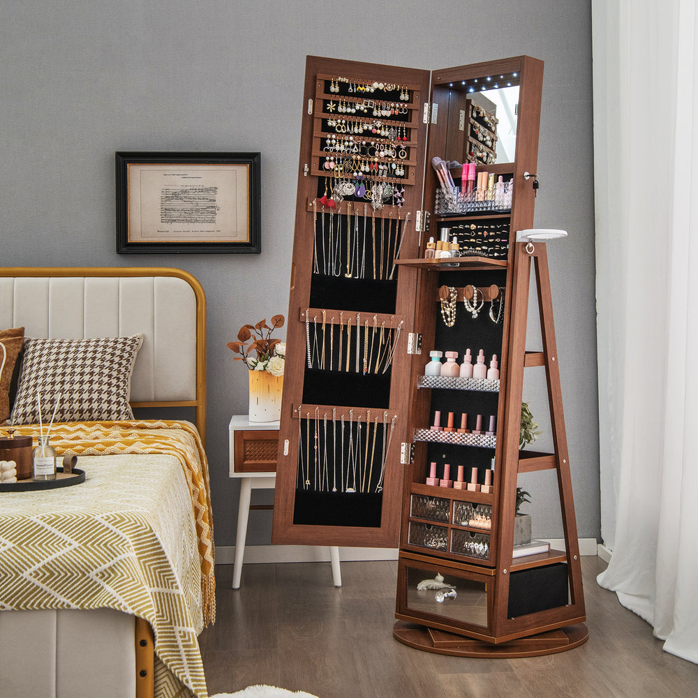 Lockable 360° swivel jewelry cabinet in walnut with full-length mirror and LED lights, perfect for organized storage.