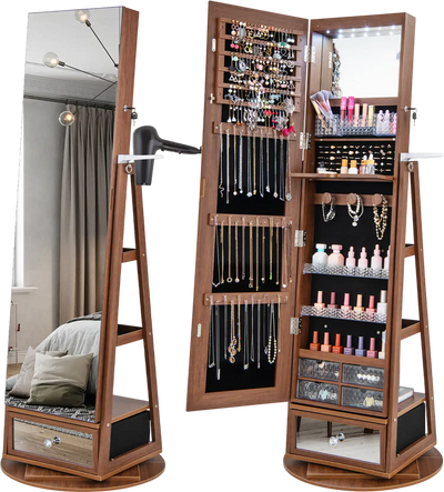Costway Lockable 360° Swivel Jewelry Cabinet Full-Length Mirror LED Lights 72963518 New
