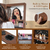 Lockable 360° swivel jewelry cabinet in walnut with full-length mirror and built-in LED lights for organized storage.