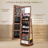 Lockable 360° swivel jewelry cabinet in walnut with full-length mirror, LED lights, and multiple storage compartments.