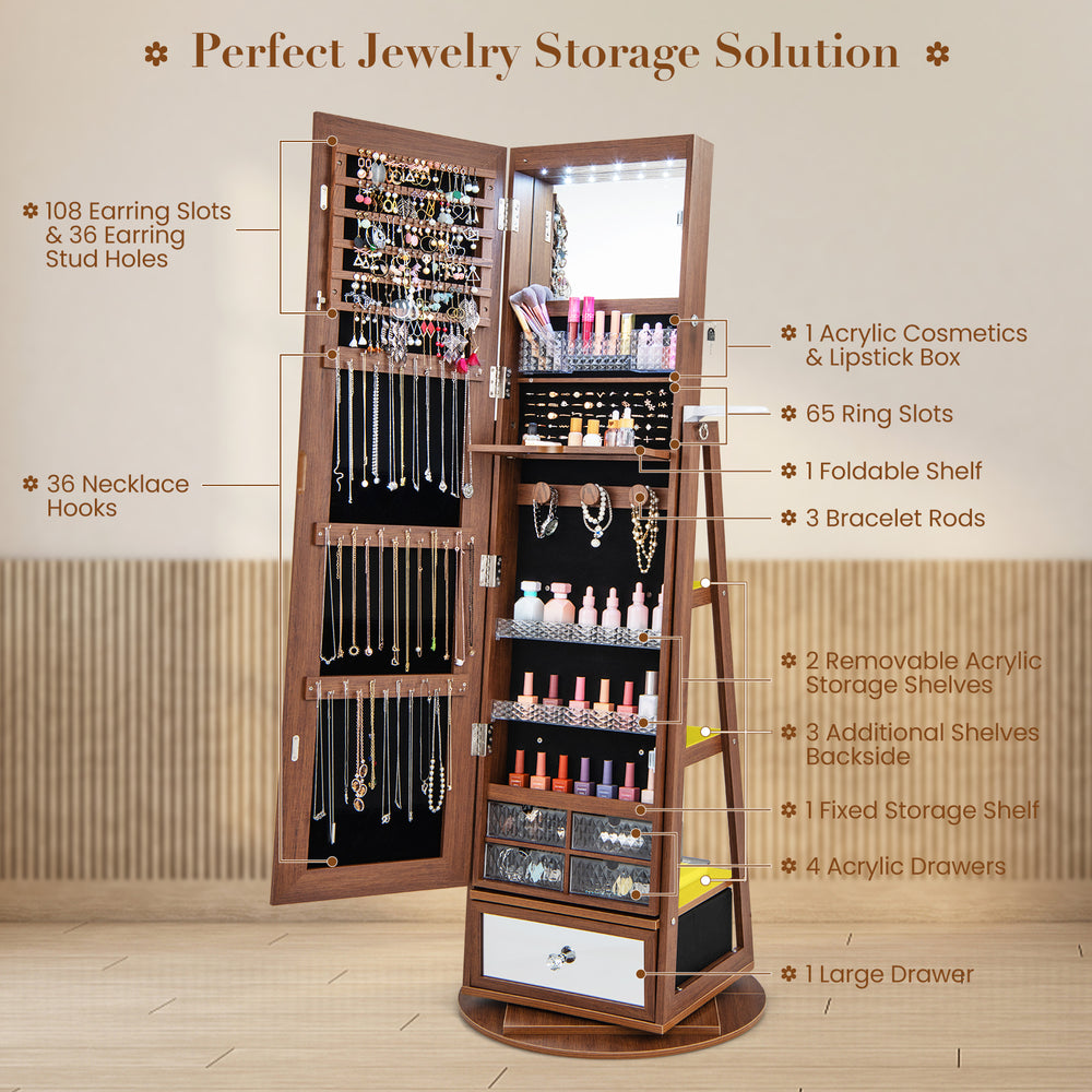 Lockable 360° swivel jewelry cabinet in walnut with full-length mirror, LED lights, and multiple storage compartments.
