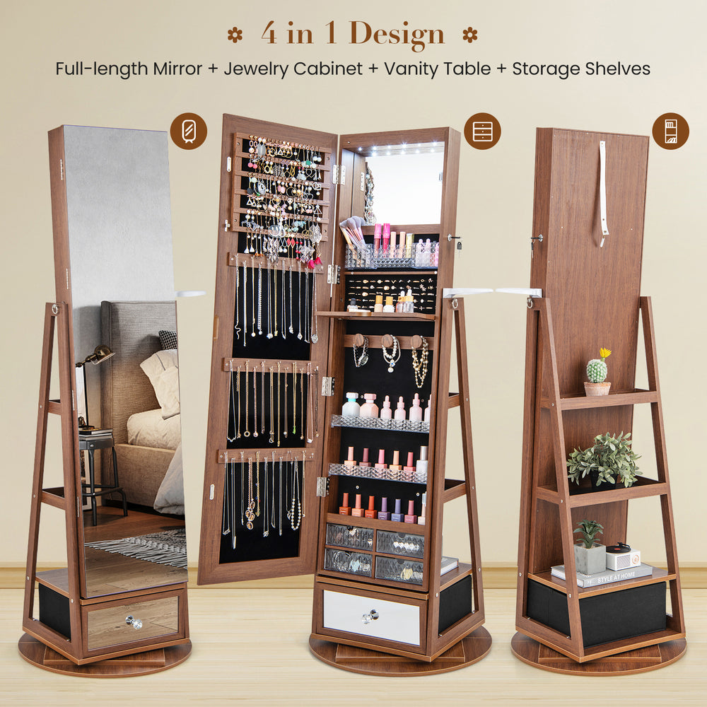 Lockable 360° swivel jewelry cabinet with full-length mirror, LED lights, and multiple storage shelves in walnut finish.