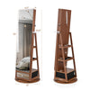 Walnut lockable 360° swivel jewelry cabinet with full-length mirror, storage shelves, and built-in LED lights.