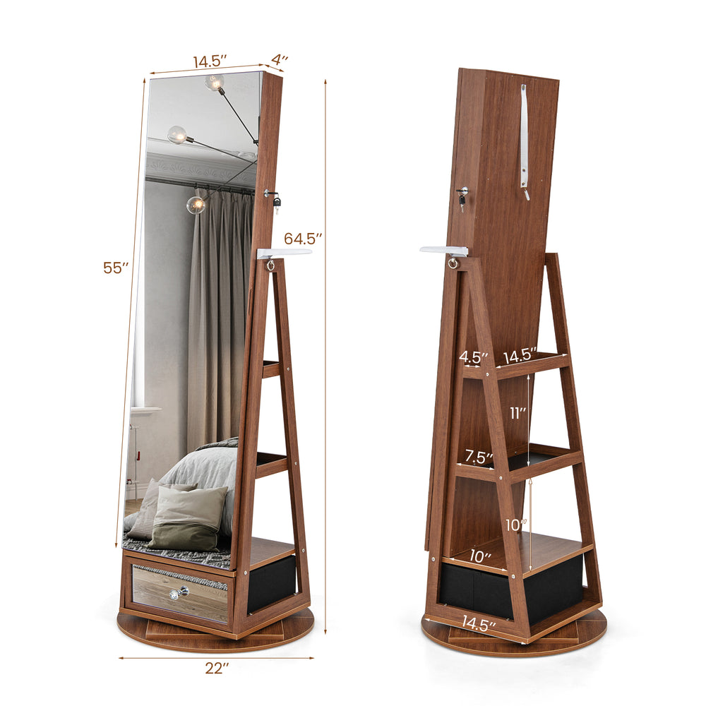 Walnut lockable 360° swivel jewelry cabinet with full-length mirror, storage shelves, and built-in LED lights.