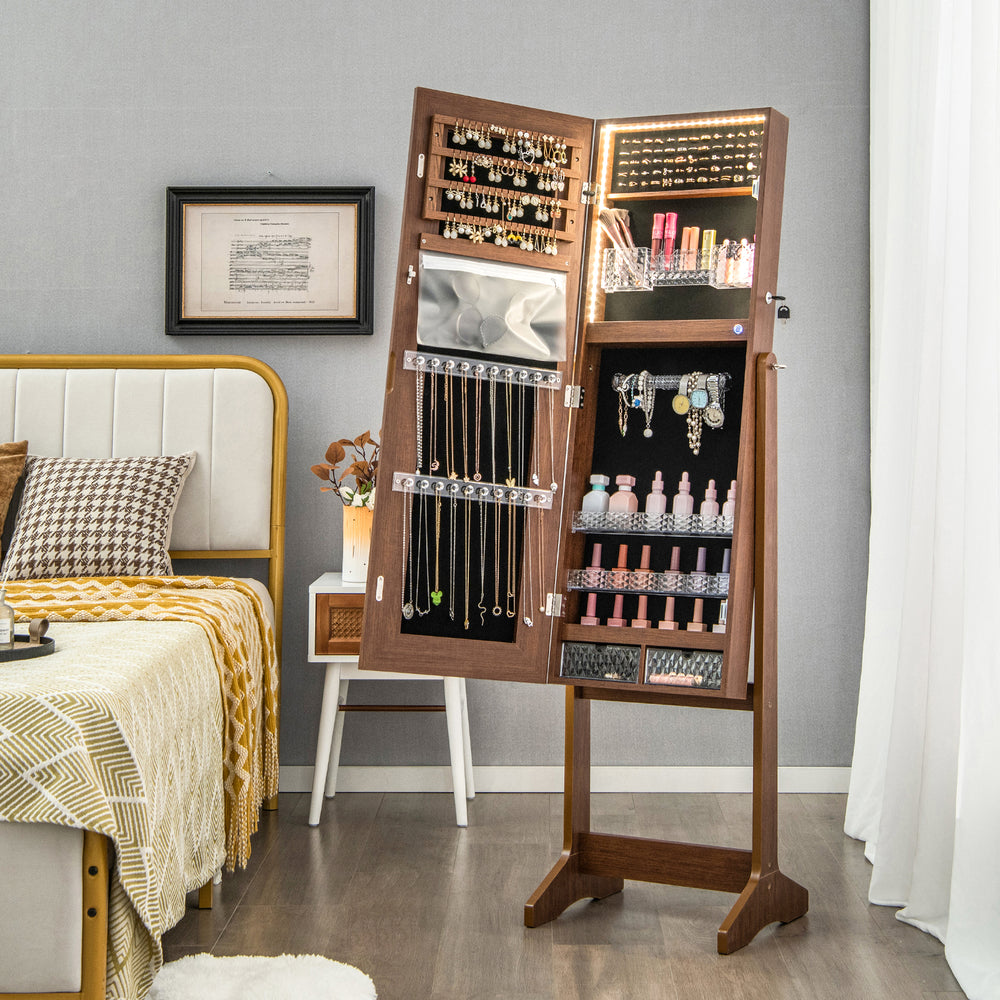 Lockable Jewelry Armoire Standing Cabinet with Lighted Full-Length Mirror-Walnut - Gallery View 1 of 11