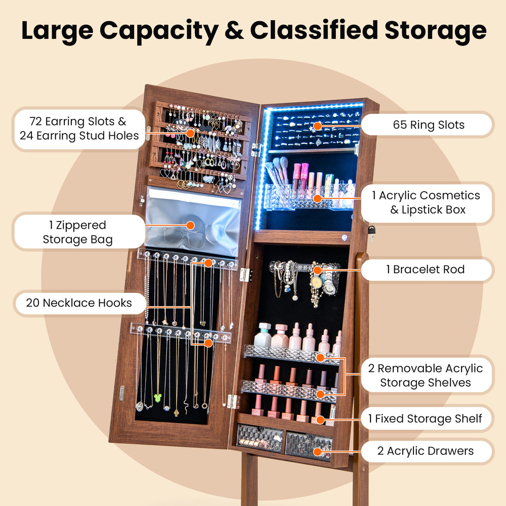 Lockable jewelry armoire with lighted full-length mirror, walnut finish, featuring large storage capacity and.