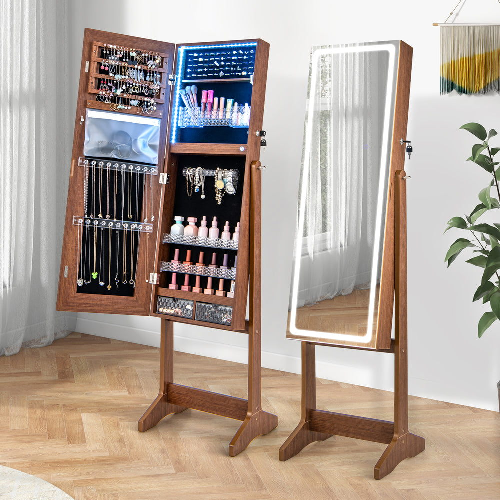 Side view of a lockable jewelry armoire in walnut, showcasing the interior storage for jewelry and makeup with LED.