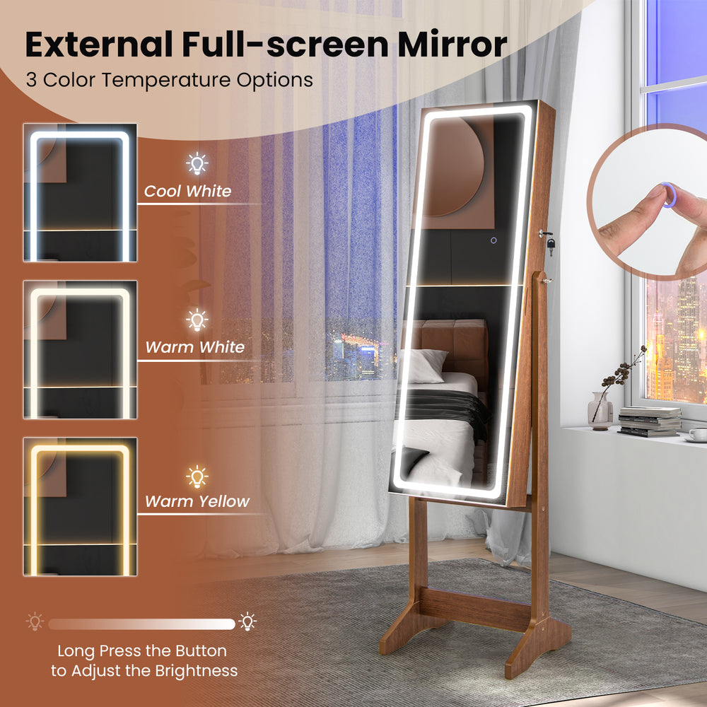 Lockable jewelry armoire with lighted full-length mirror in walnut, featuring adjustable brightness and 3 color.