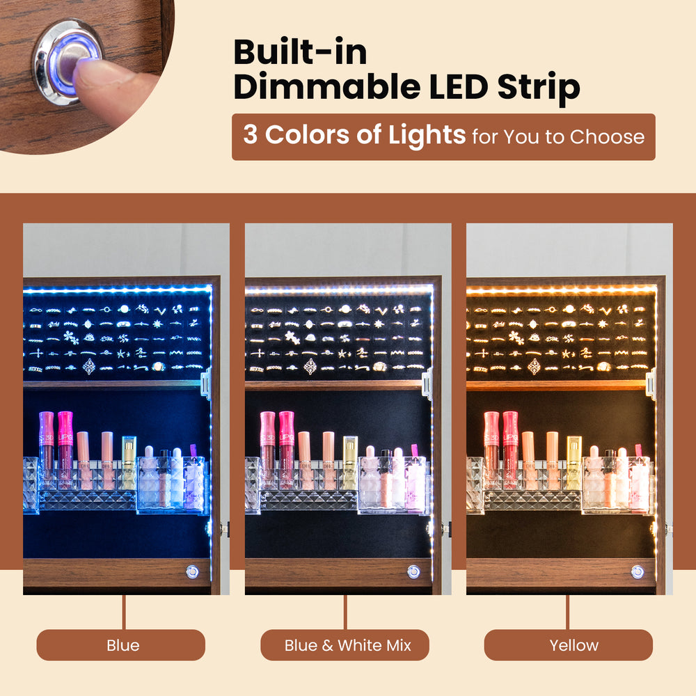 Lockable jewelry armoire with a full-length mirror and dimmable LED light strip in blue, white, and yellow options.