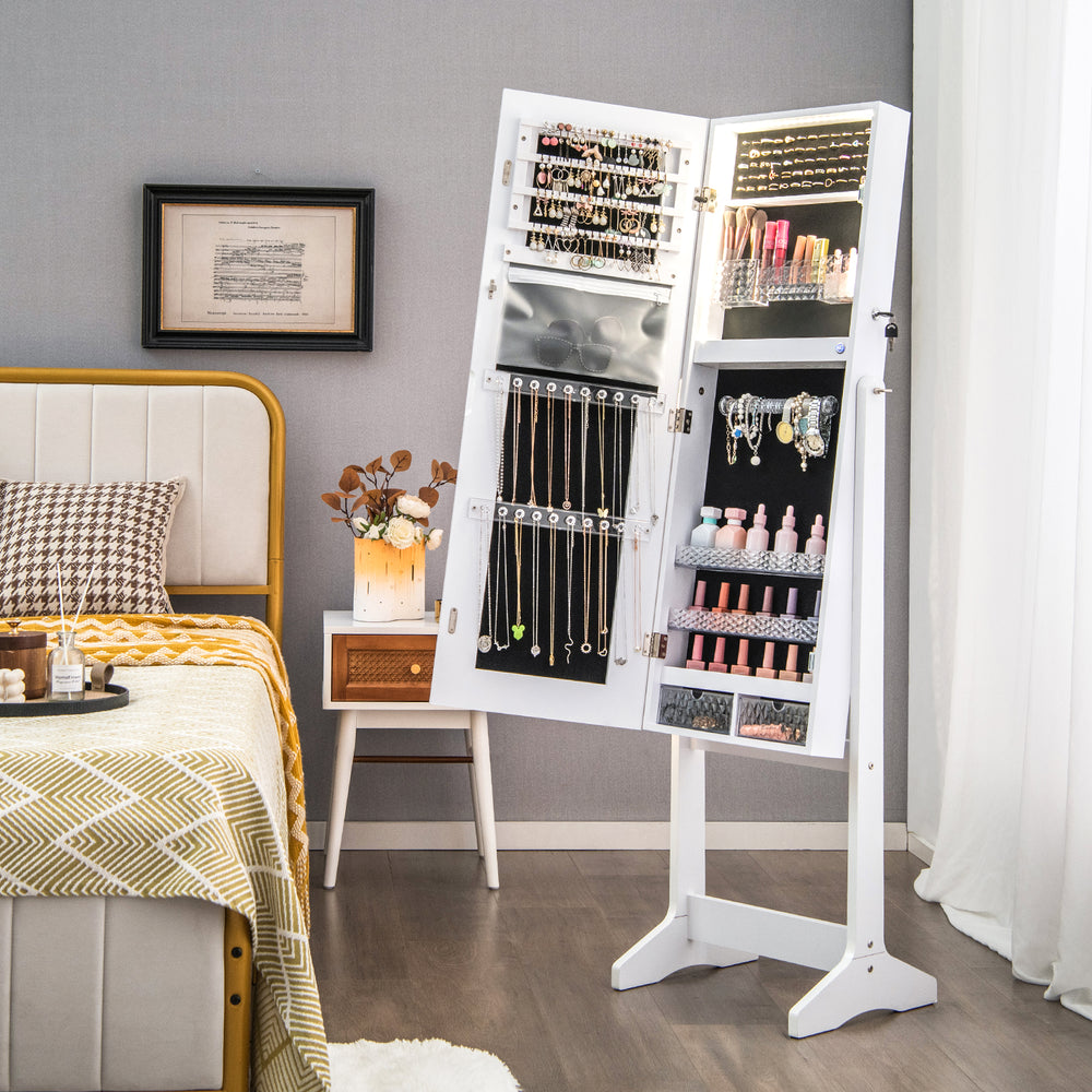 Lockable Jewelry Armoire Standing Cabinet with Lighted Full-Length Mirror-White - Gallery View 1 of 11