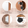 Lockable jewelry cabinet armoire with full-length mirror, 4 wheels, and magnetic catch for secure storage.