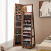 Lockable jewelry cabinet armoire in brown with full-length mirror, LED lights, and organized storage for jewelry and.