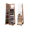 Lockable jewelry cabinet armoire with full-length mirror, brown finish, featuring organized storage and LED lights.