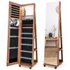Lockable jewelry cabinet armoire in brown with full-length mirror, LED lights, and ample storage for jewelry and makeup.