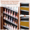 Interior view of the 64-inch brown jewelry cabinet showcasing adjustable acrylic shelves for customizable storage.