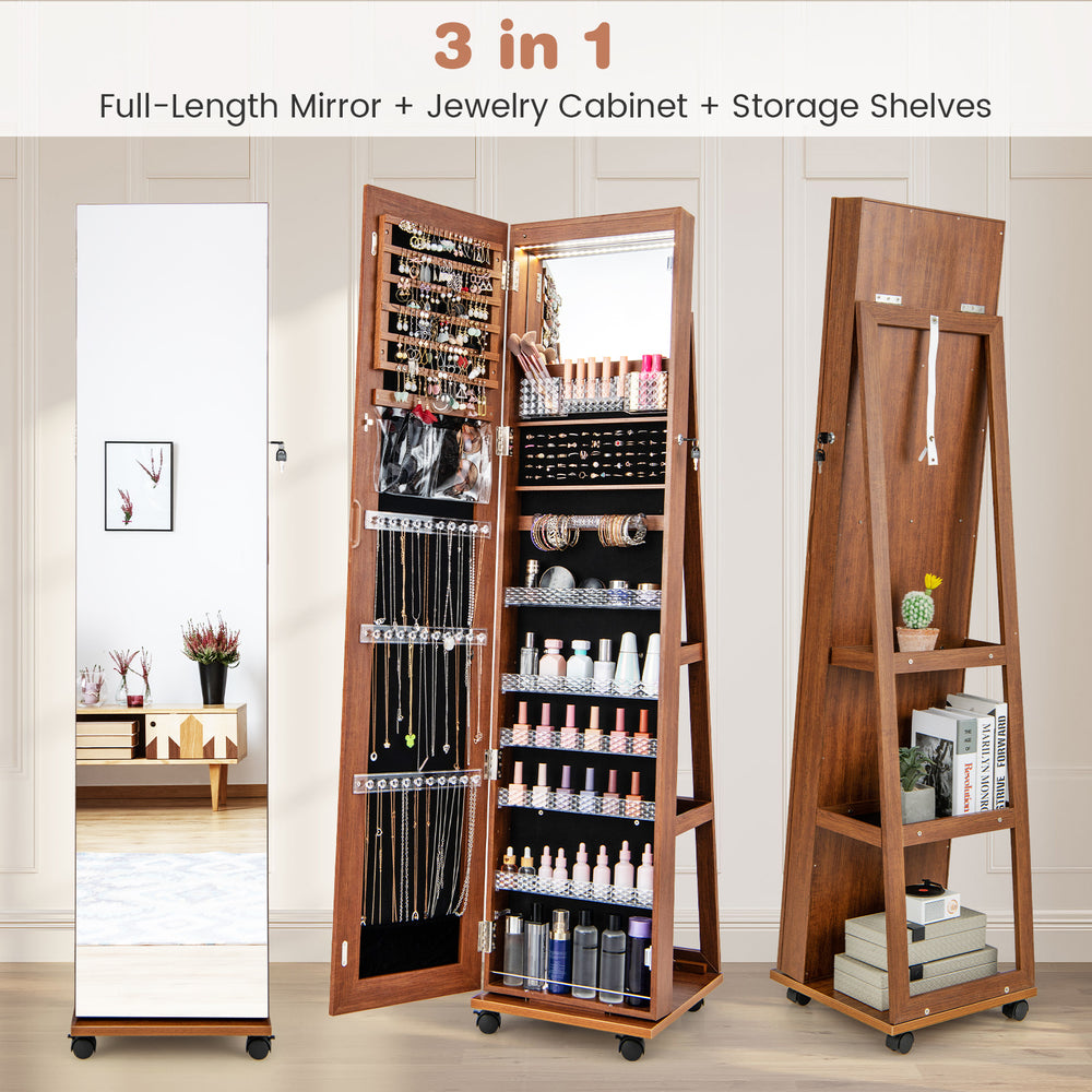 64-inch brown jewelry cabinet armoire with full-length mirror, LED lights, and organized storage for jewelry and makeup.