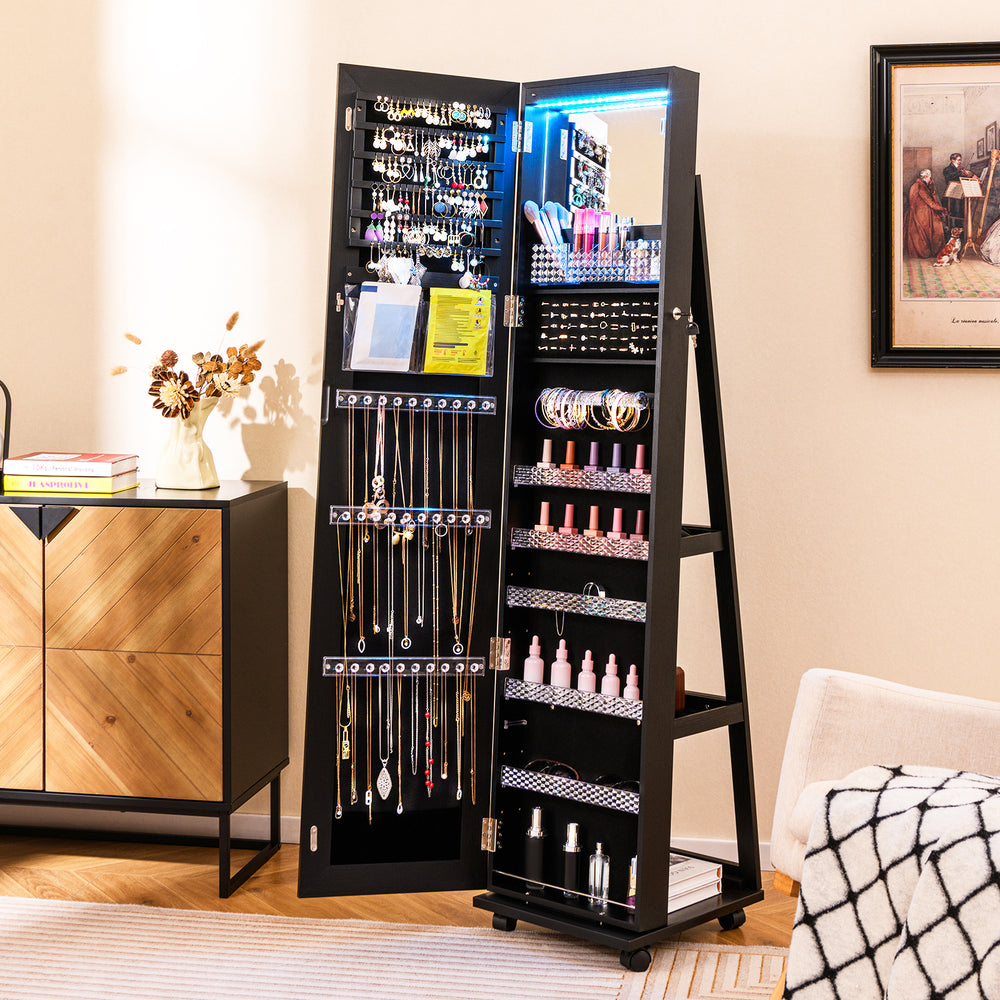 64 Inches Lockable Jewelry Cabinet Armoire with Built-in Makeup Mirror-Black - Gallery View 1 of 10