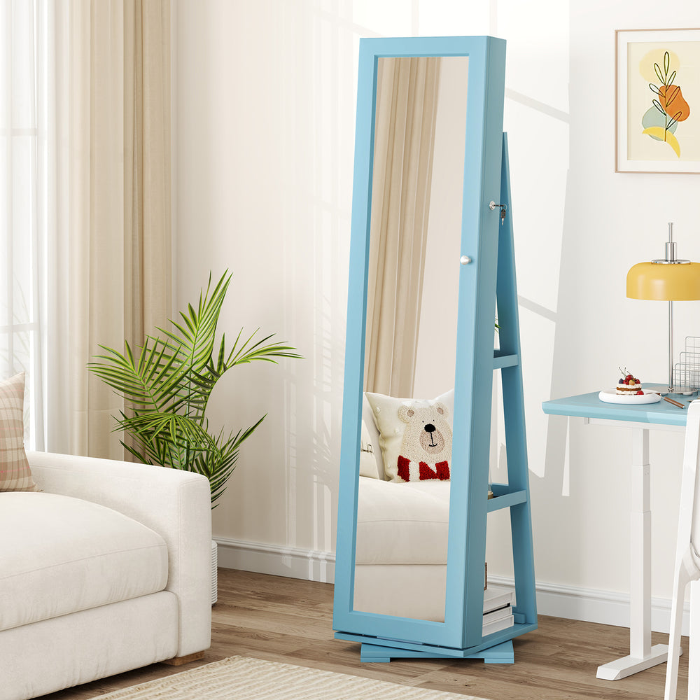 360° Rotatable 2-in-1 Lockable Jewelry Cabinet with Full-Length Mirror-Blue - Gallery View 1 of 9
