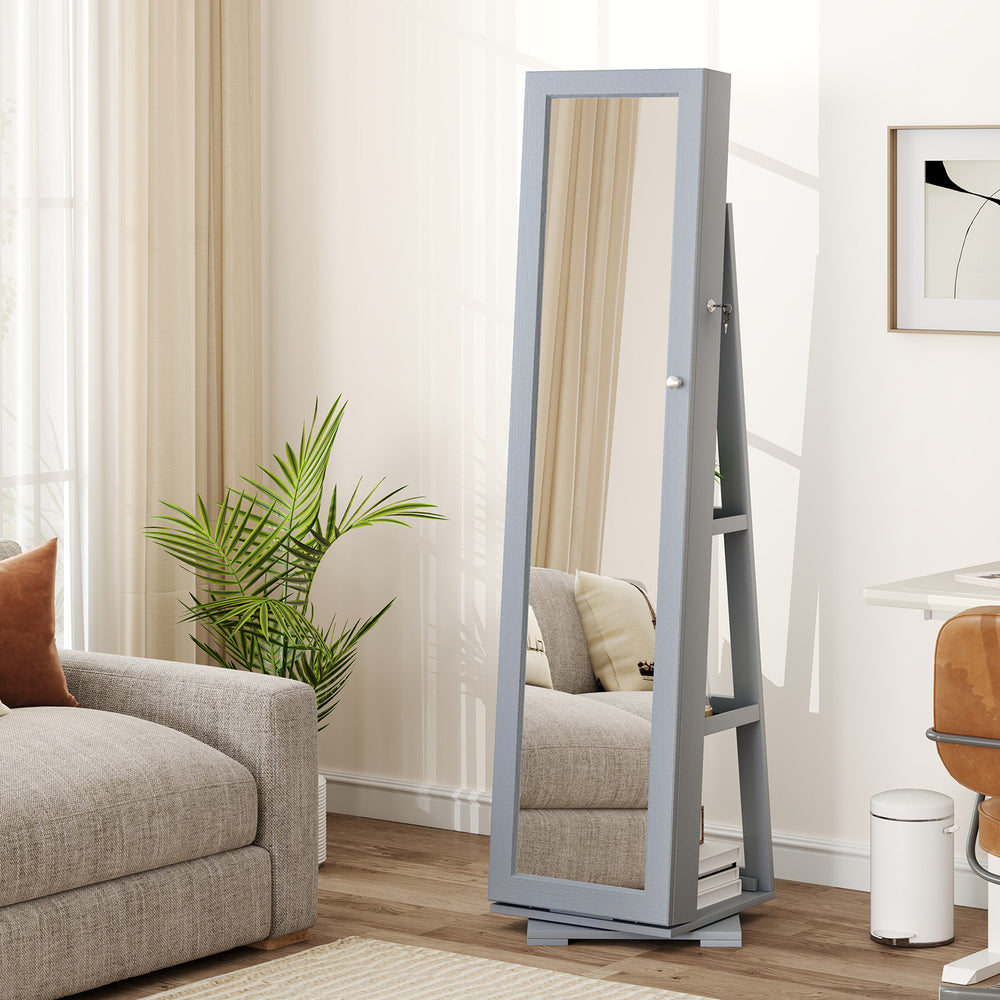 360° Rotatable 2-in-1 Lockable Jewelry Cabinet with Full-Length Mirror-Gray - Gallery View 1 of 9